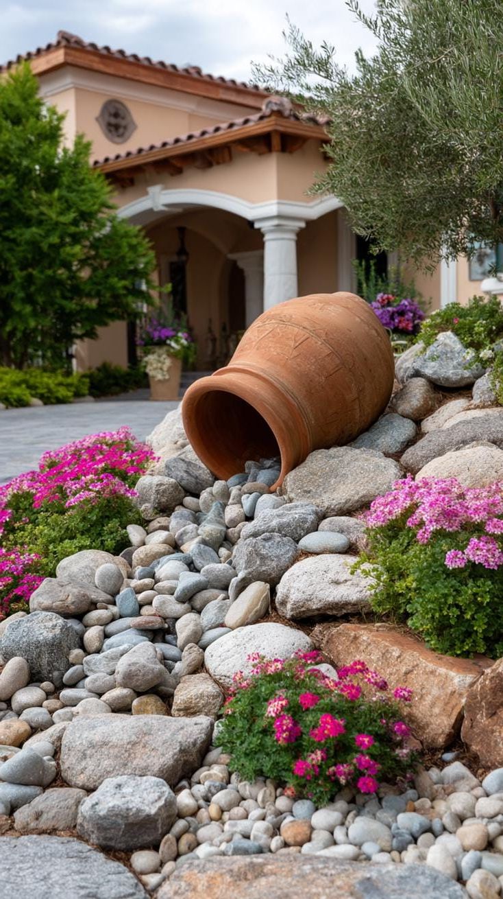 2. Tipped Pot Rock Bed with Blooming Flowers
