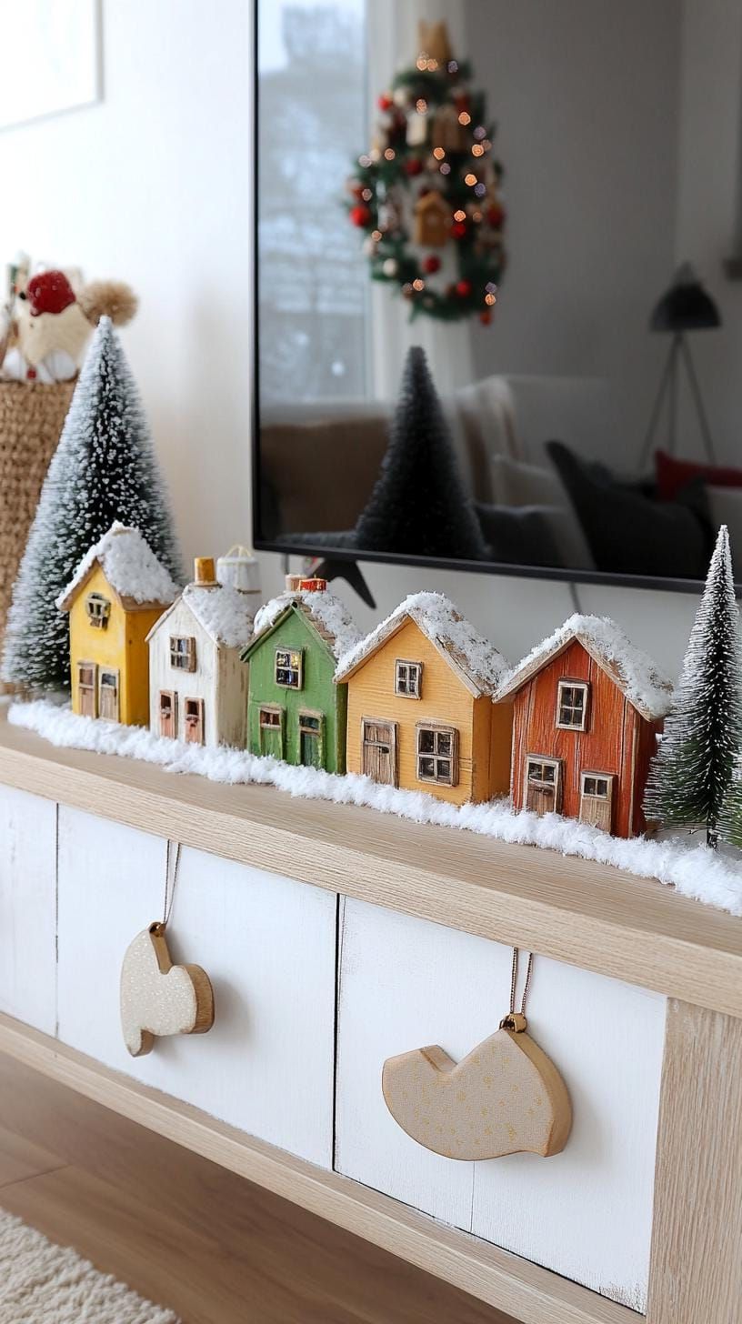 6. Retro TV stand with bottle brush trees and faux snow