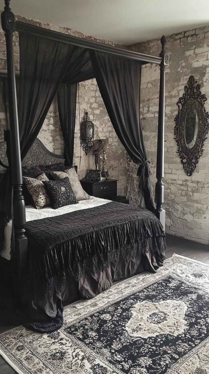 17. Dark Tapestries And Chiffon Draped Over A Four-Poster Bed - photo 4