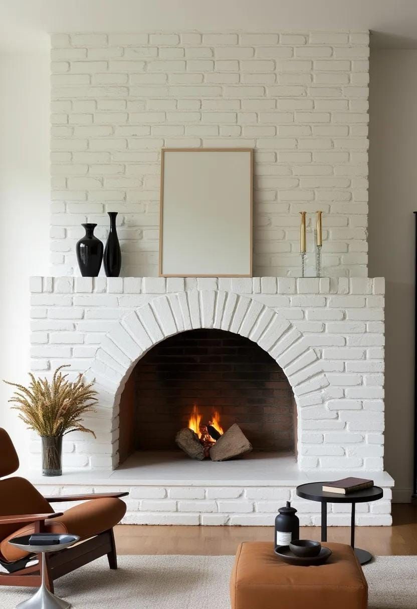 9. Arched white brick fireplace with mid-century furniture
