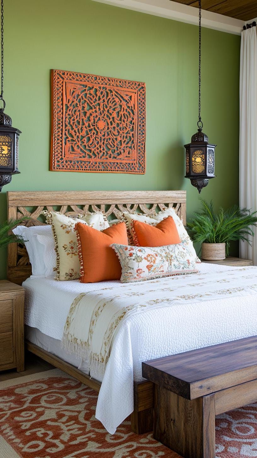 23. Moroccan Olive Green Bedroom with Lanterns and Beading - photo 3