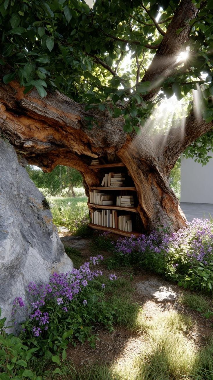 4. Hollow tree bookshelf tucked among wildflowers