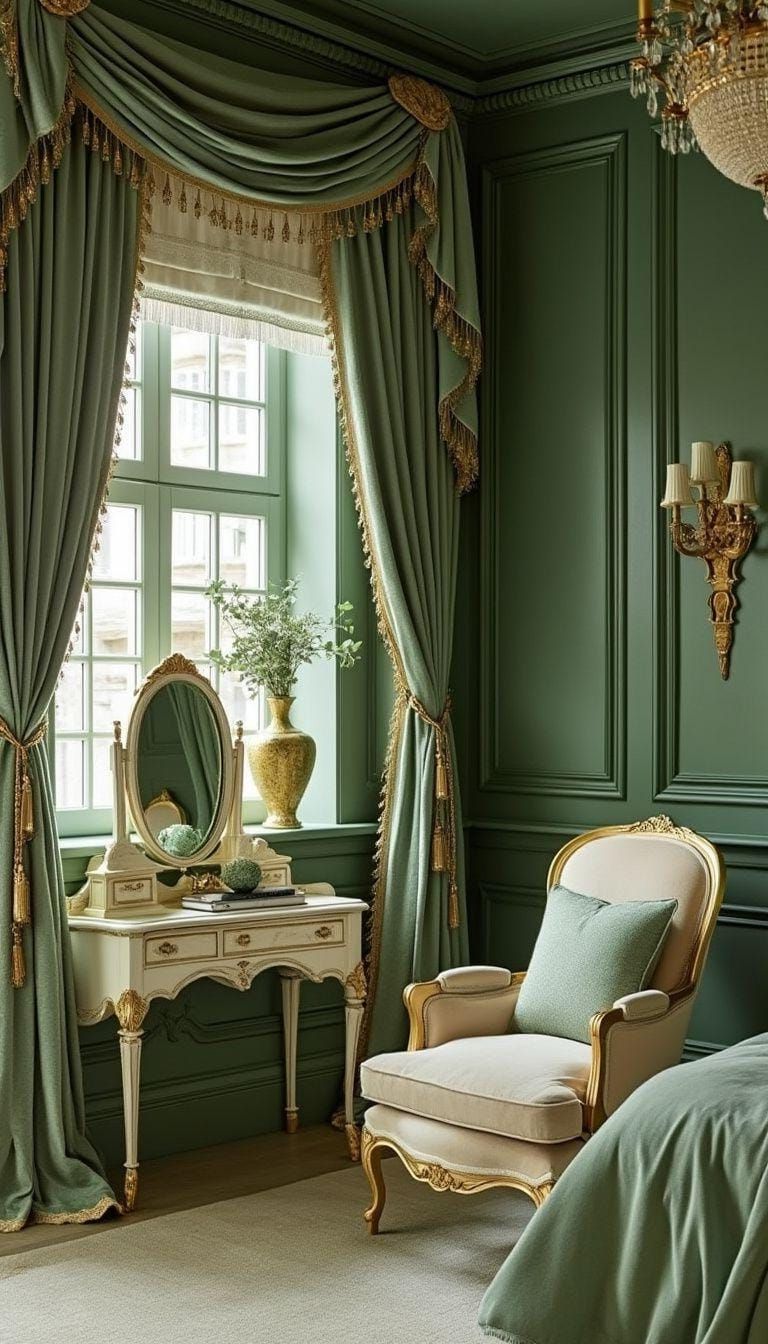 2. Vintage Glam Bedroom with Sage Green Walls and Gold Accents