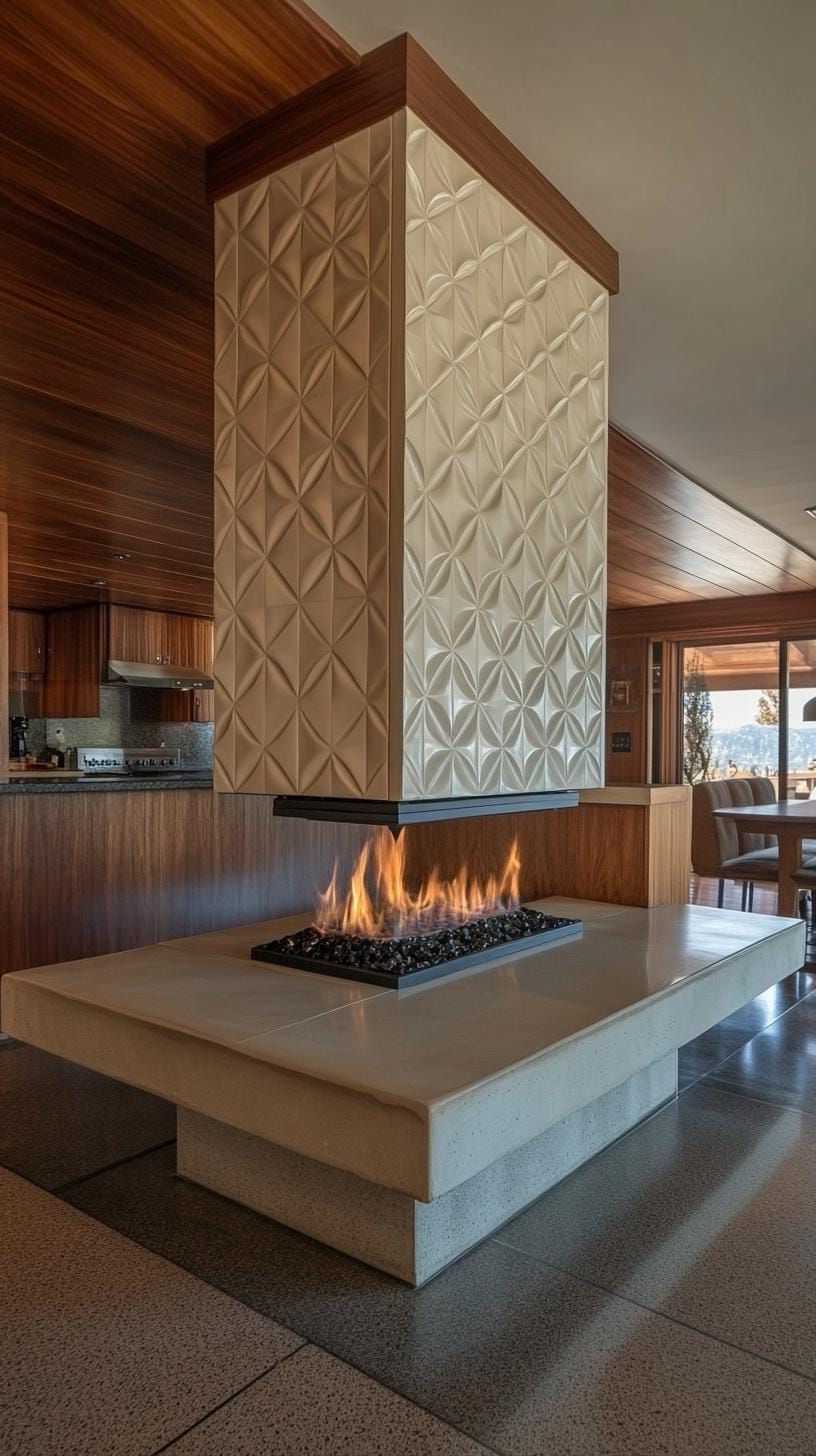 6. Geometric tiled fireplace wall with built-in bench seating