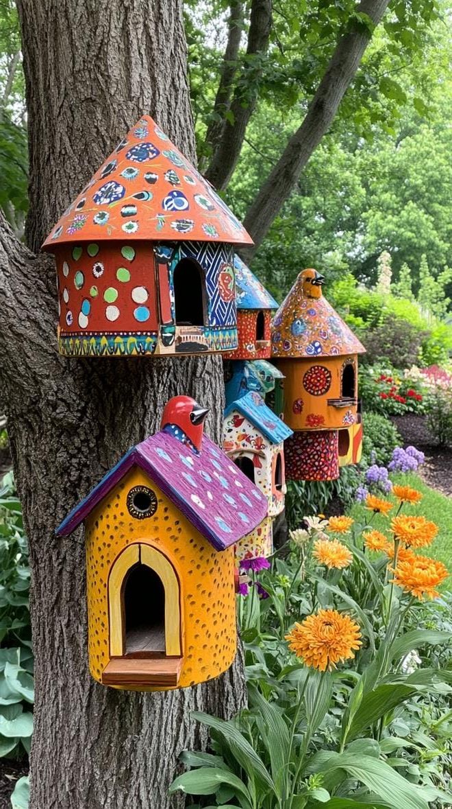 22. Colorful Birdhouse Garden Ideas