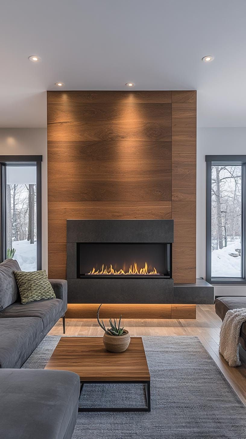 12. Walnut accent wall around a linear modern fireplace - photo 2