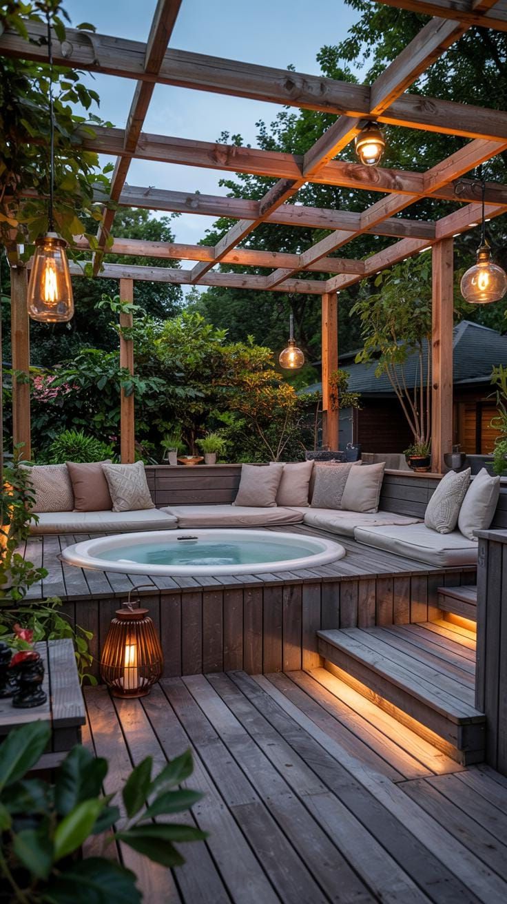 1. Hot tub deck with built-in seating and lighting