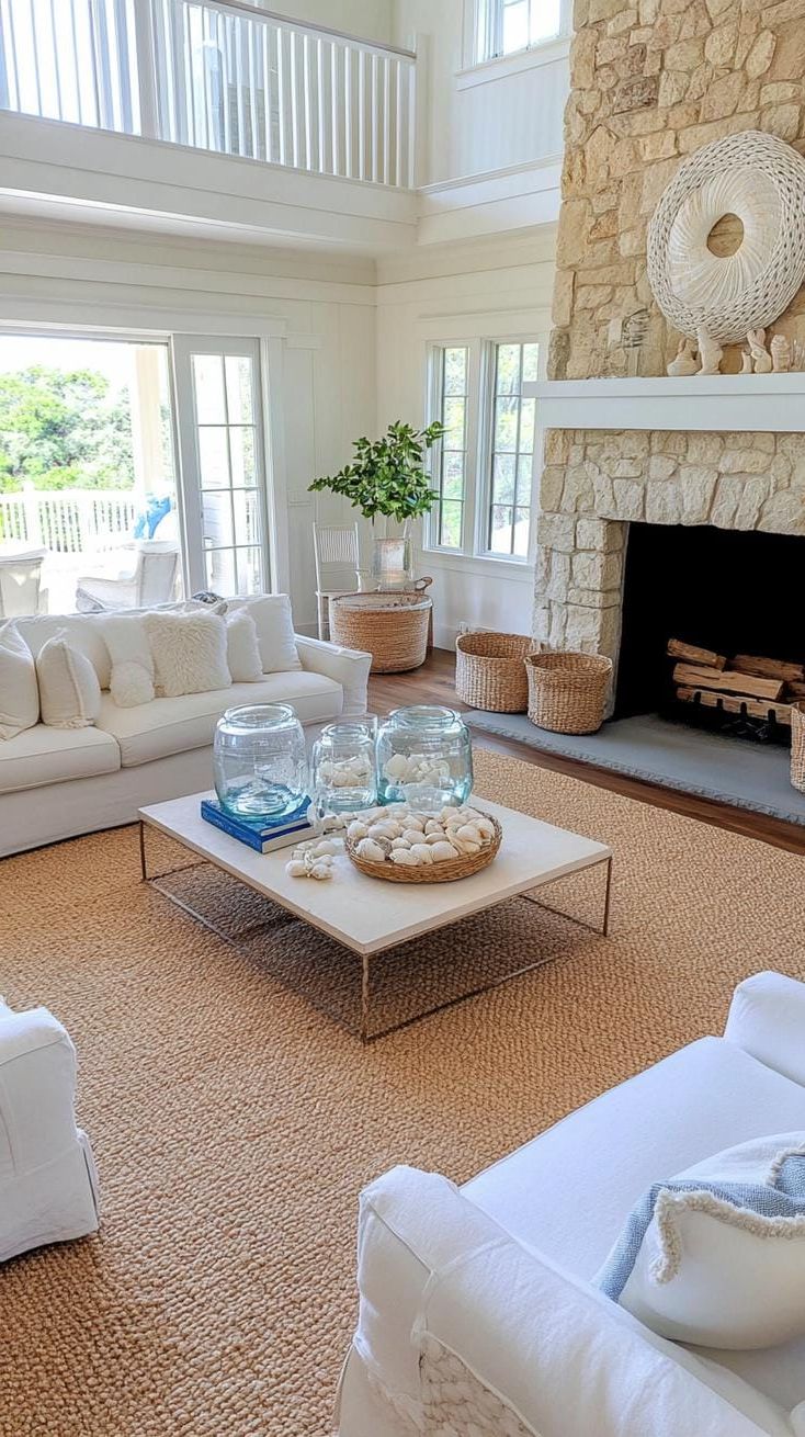 9. Stone Fireplace Seating with Seashell Jars