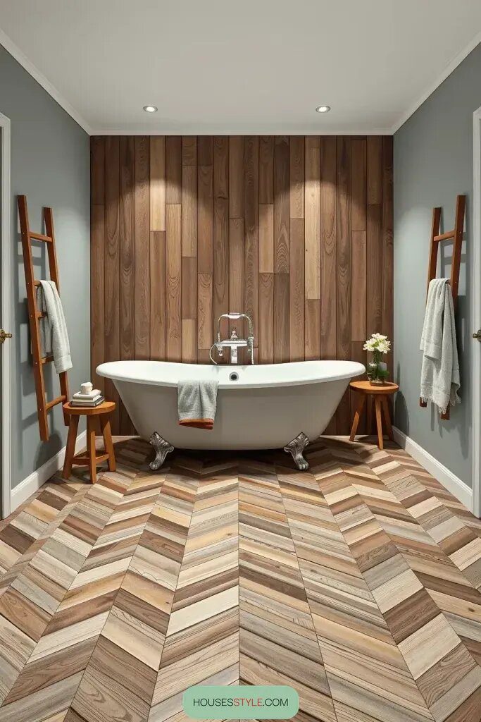 Warm Wood Tile Around a Freestanding Bathtub - photo 2
