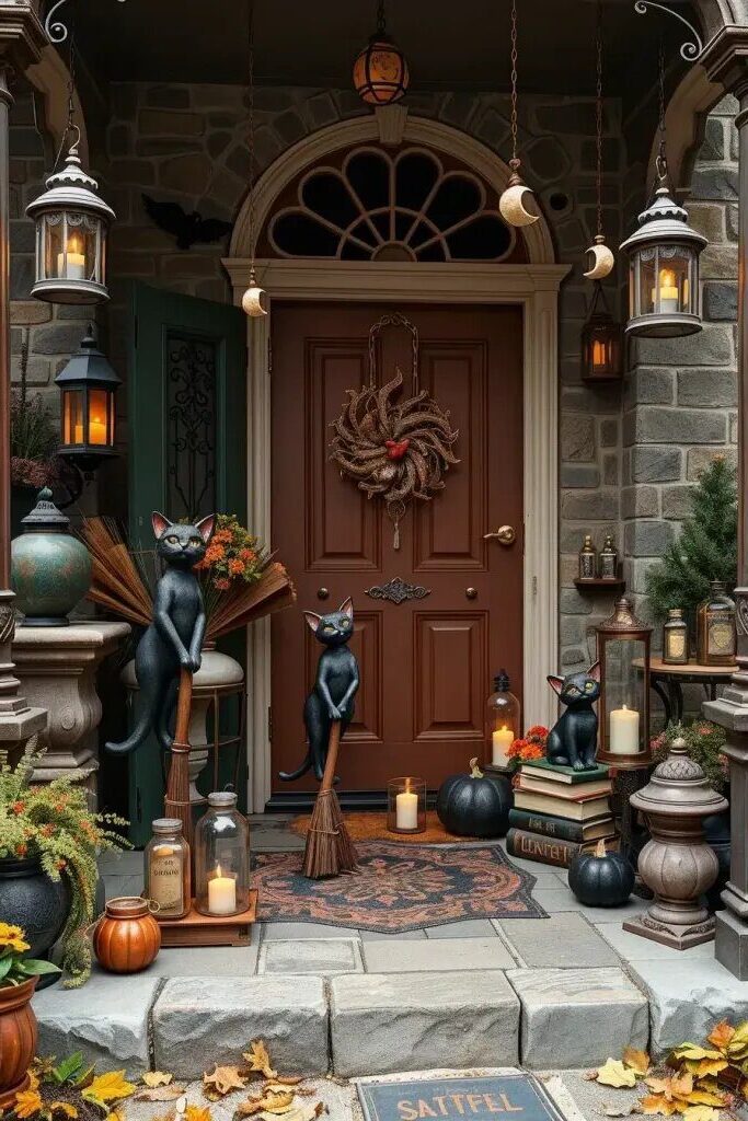 Witchy Cat Figurines on Broomstick Stands