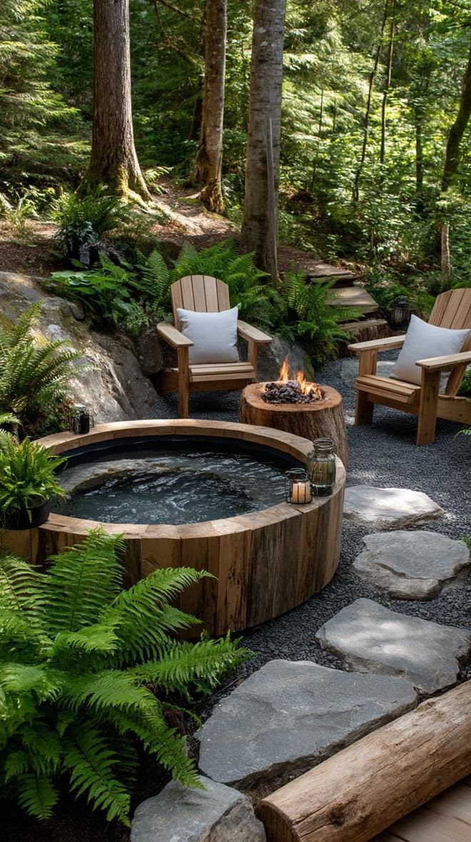 15. Rustic Hot Tub and Fire Pit in the Forest – Perfect for Relaxing