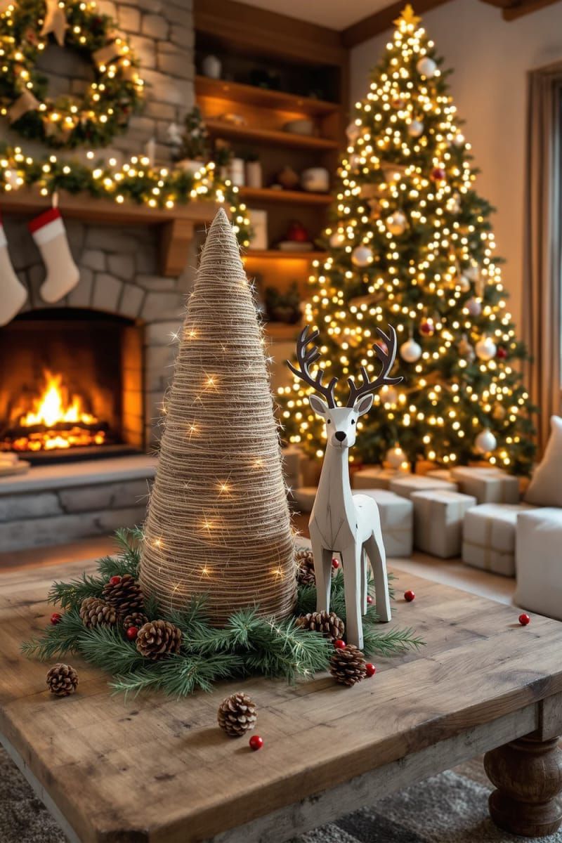 Wooden reindeer figures beside a jute-wrapped tree