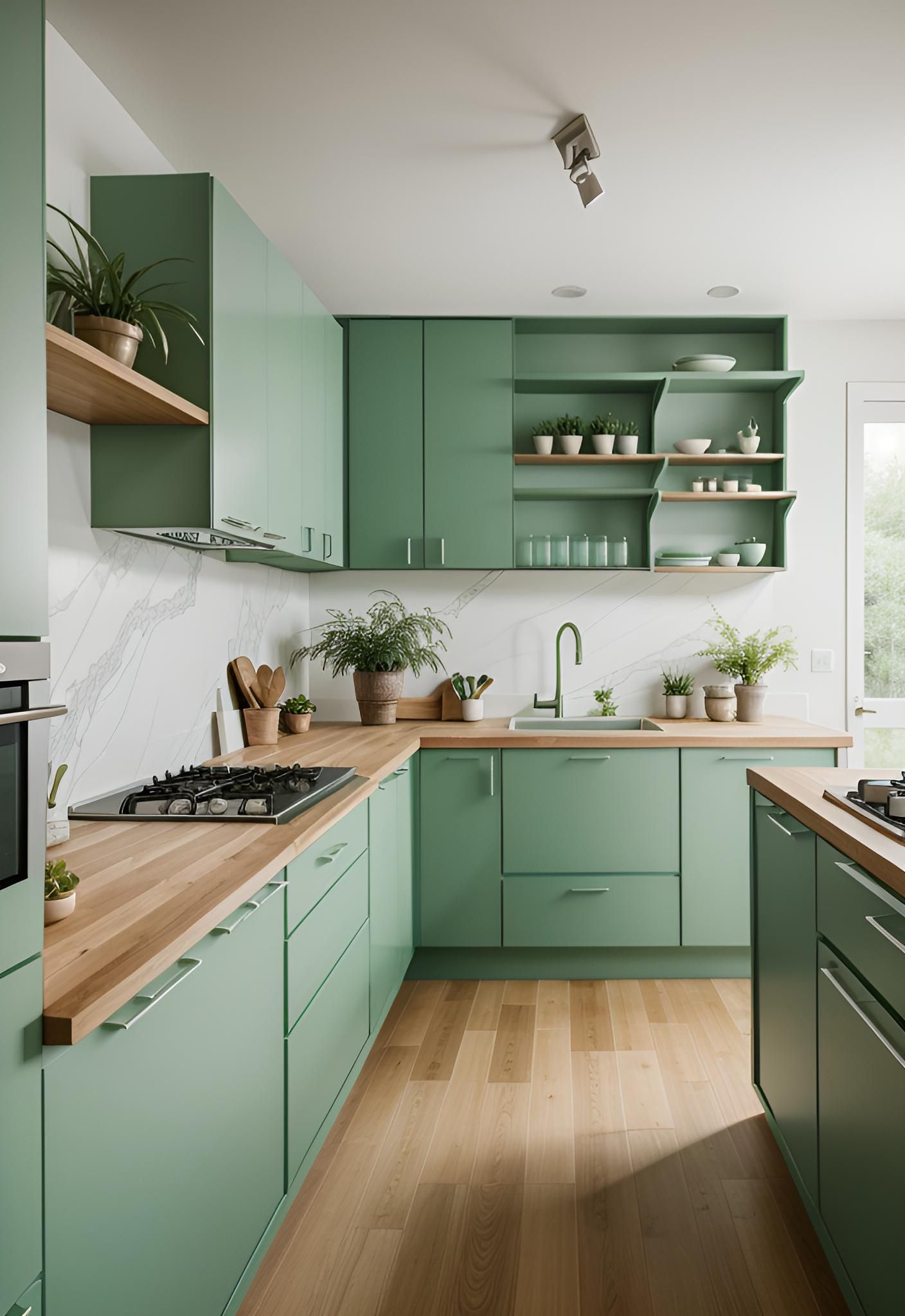 4. Mint Green Cabinets with Wood Accents