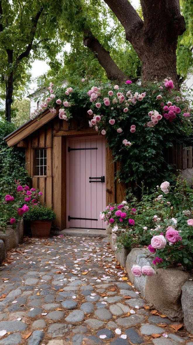 2. Weathered pink door surrounded by climbing roses