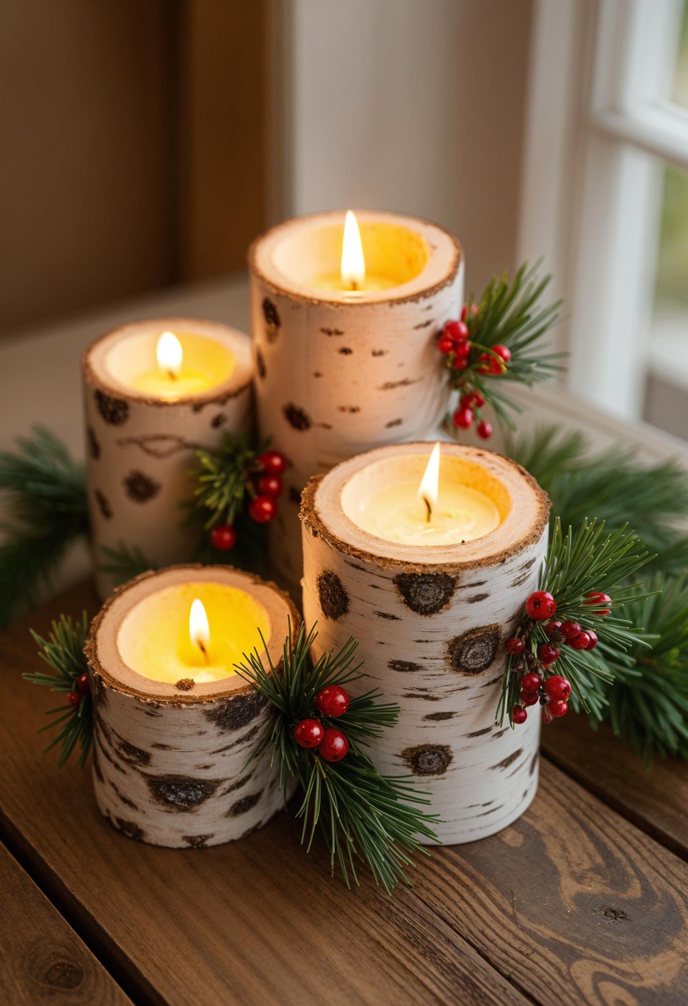 7. Rustic Candle Holders with Pine