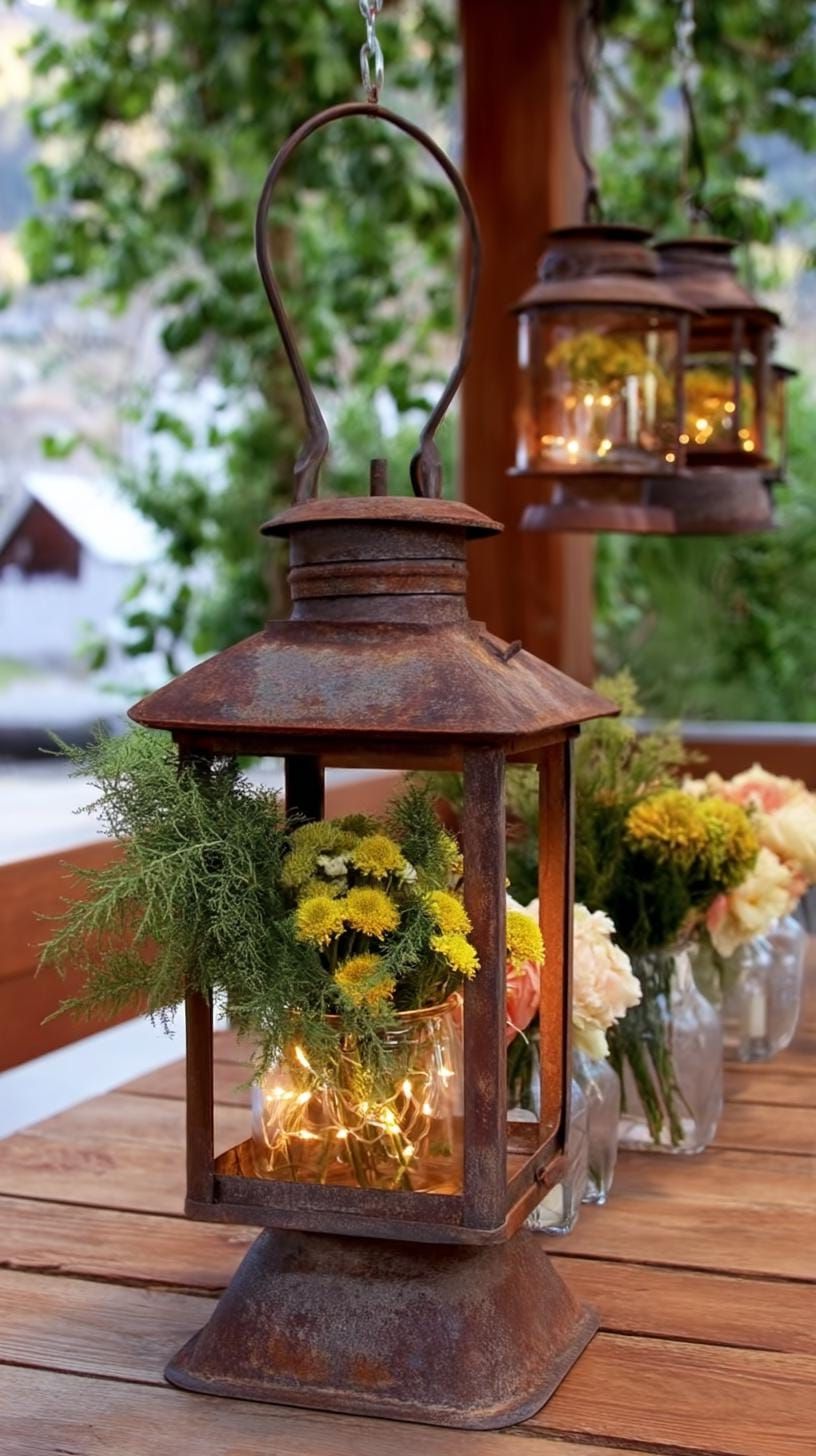 8. Rusty Lanterns Holding Floral Centerpieces - photo 2