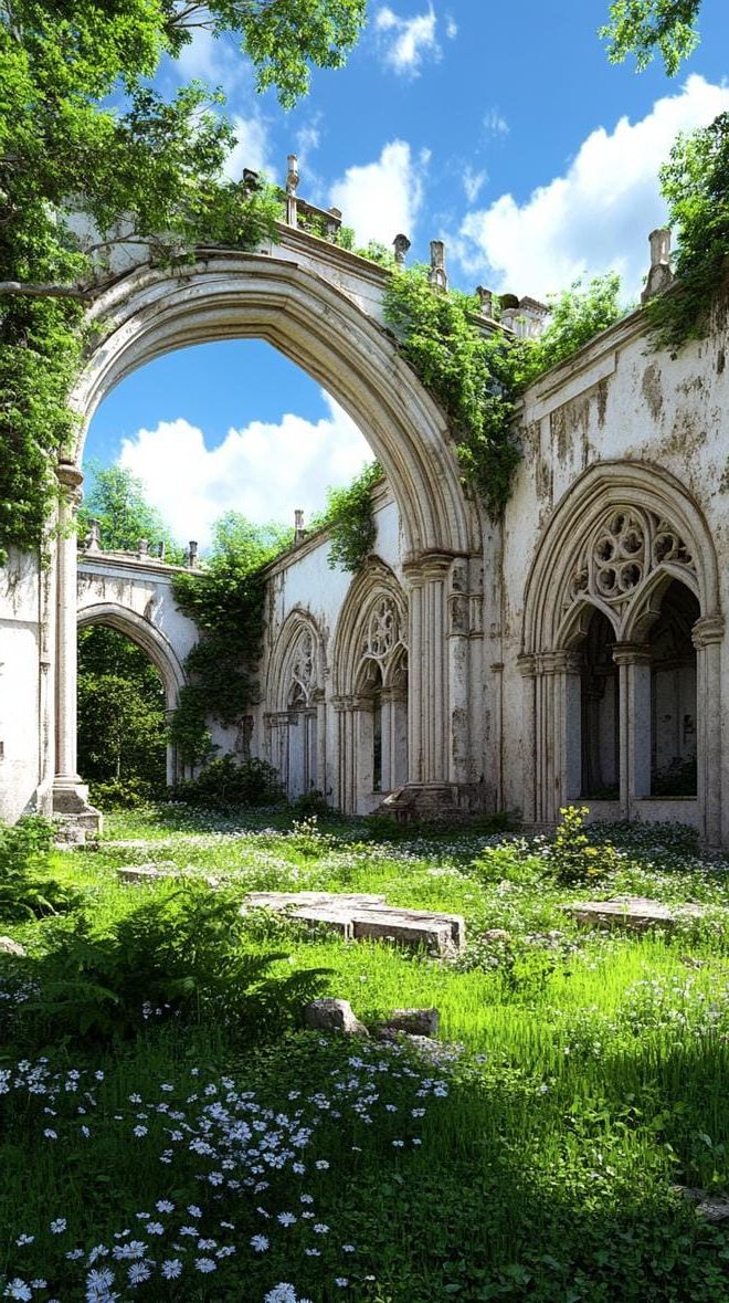 9. Gothic stone ruins with an overgrown archway entrance