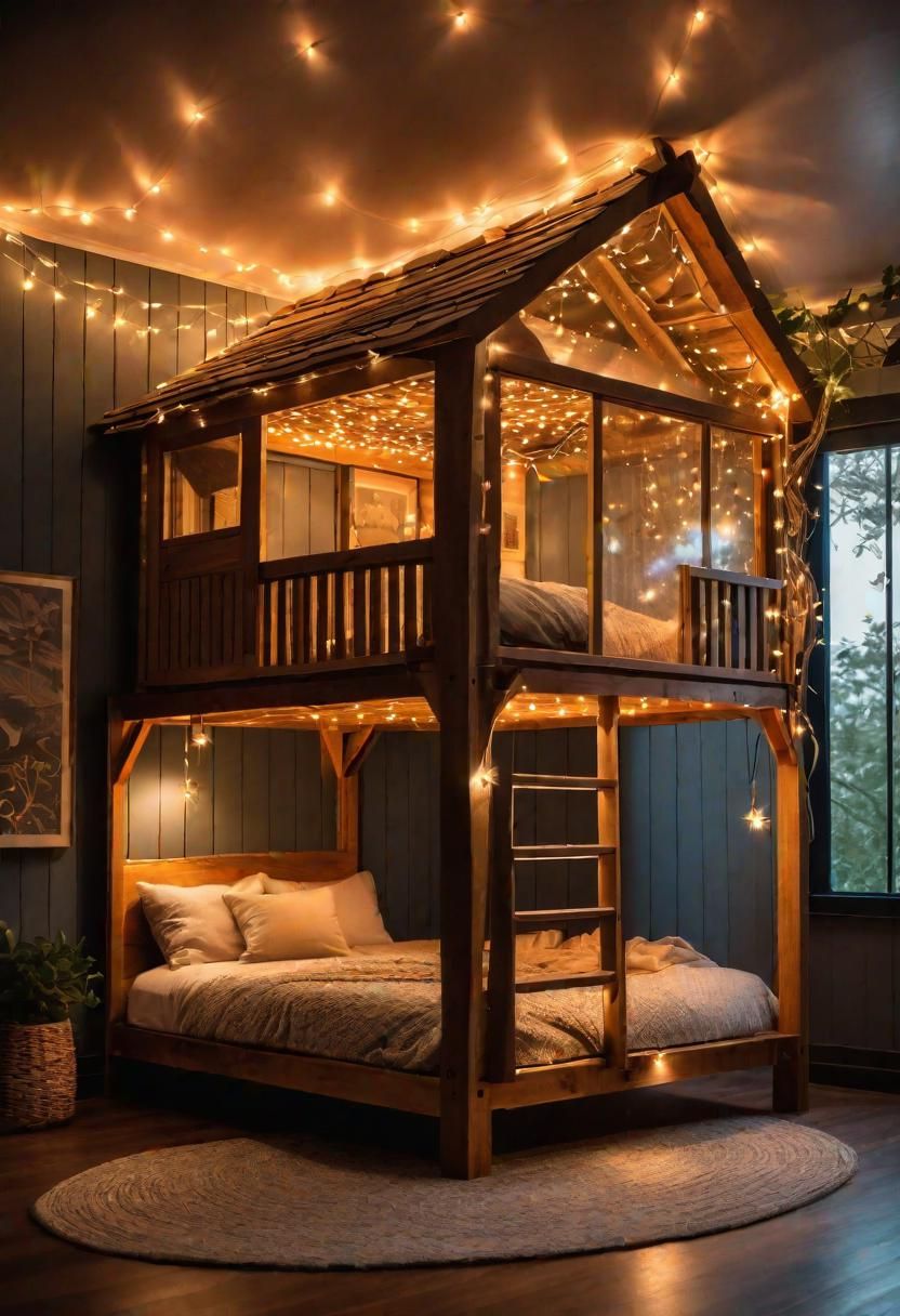 1. Treehouse Loft Bed with Fairy Lights