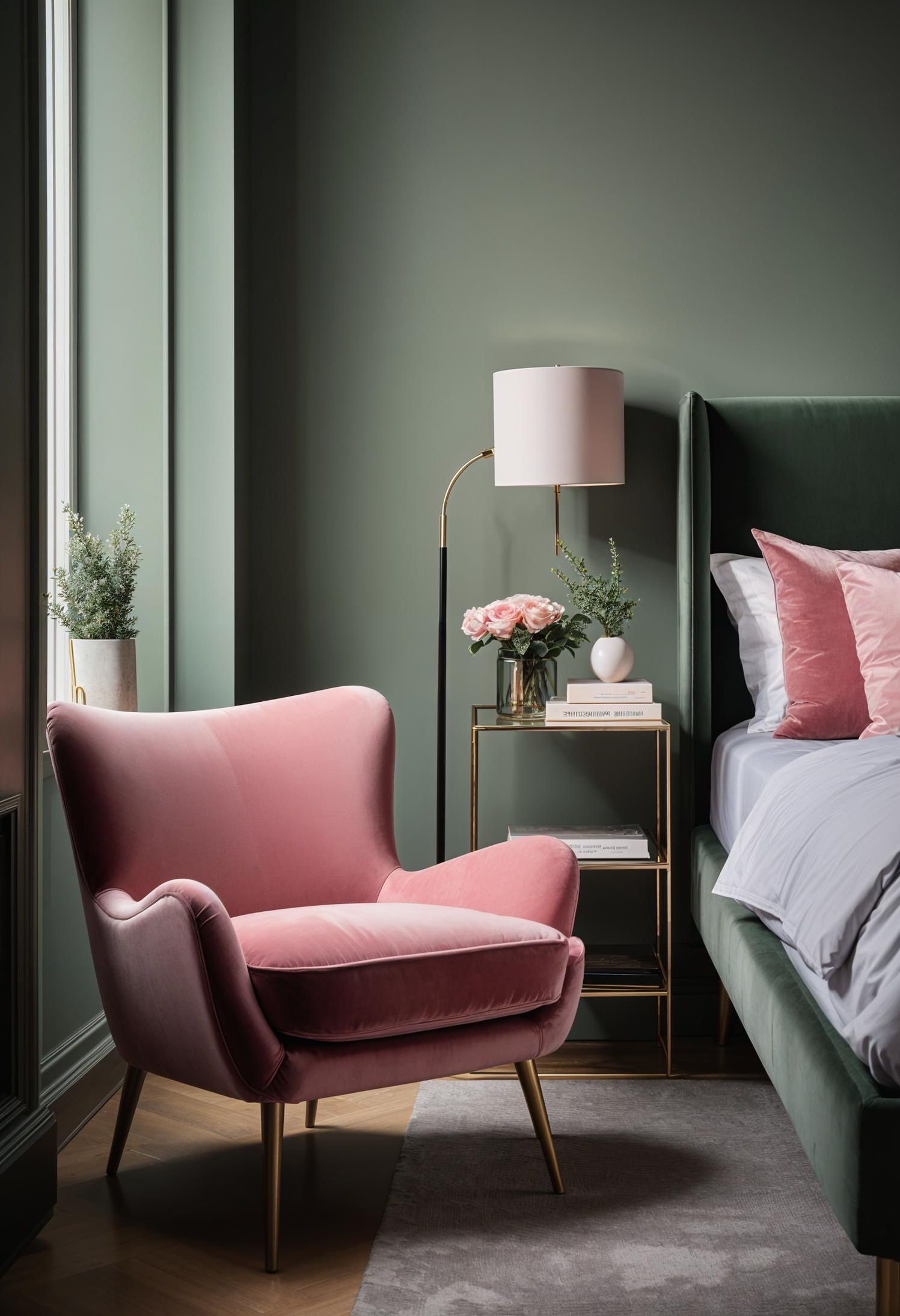 11. Stylish Sage and Pink Reading Nook