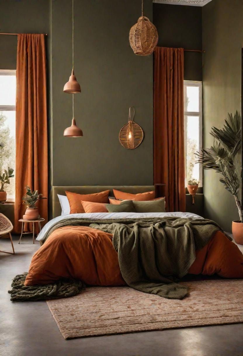 11. Mediterranean Olive Green and Terracotta Bedroom