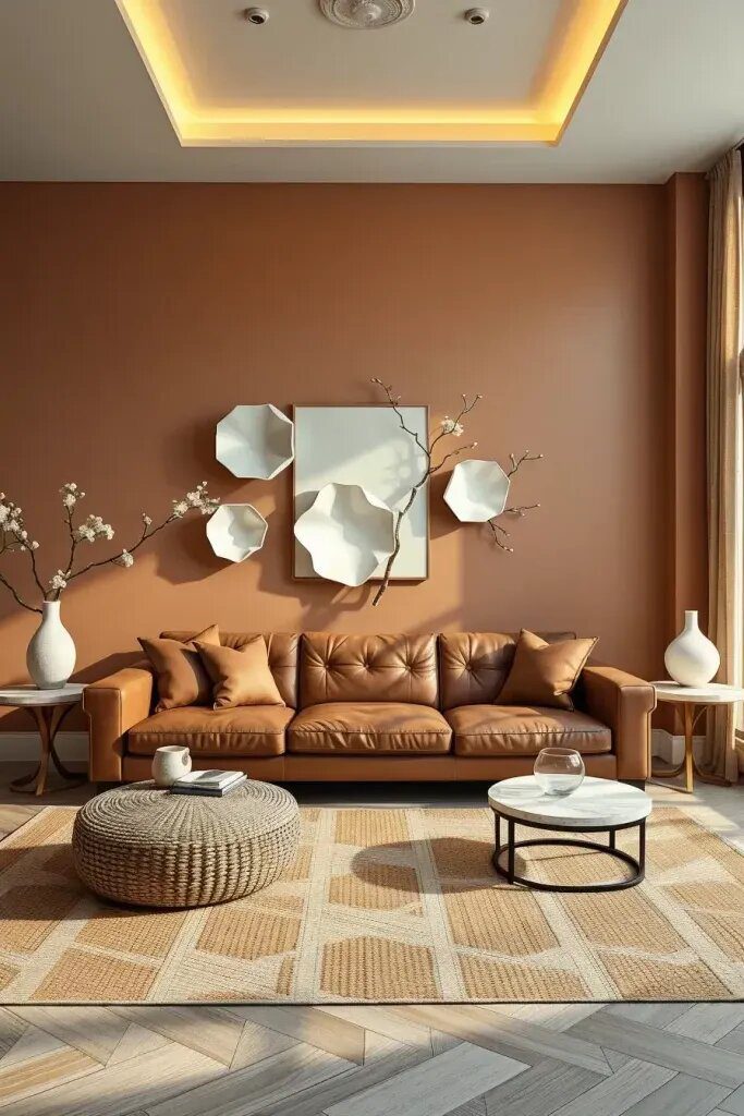 32. Pair Designer Sofas With Nature-Inspired Wall Forms