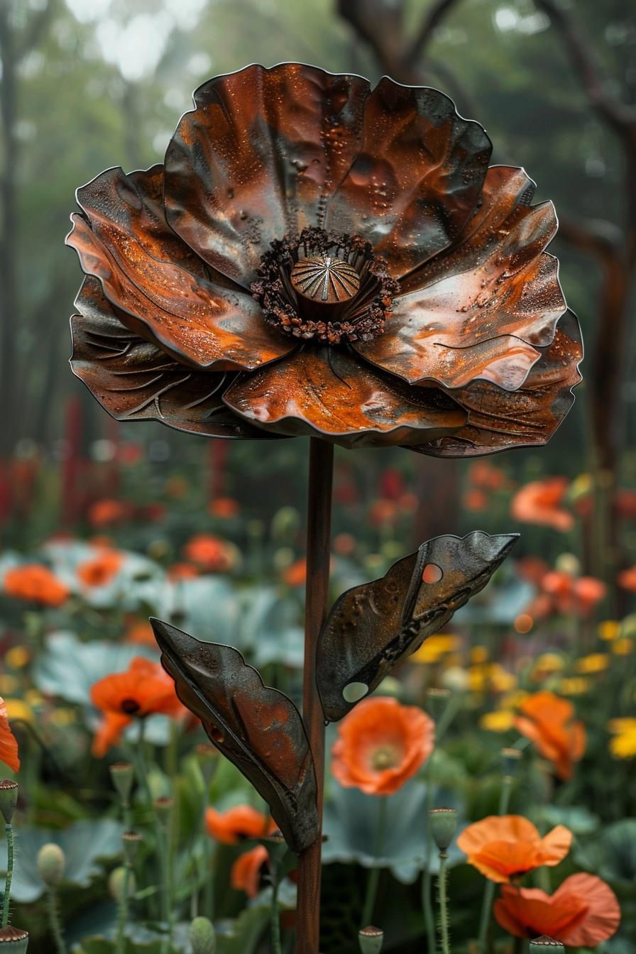 13. Rustic Metal Poppy Sculptures