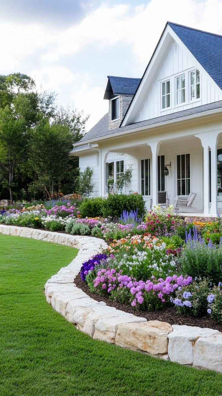 4. Stone-Bordered Garden Beds for a Country Farmhouse