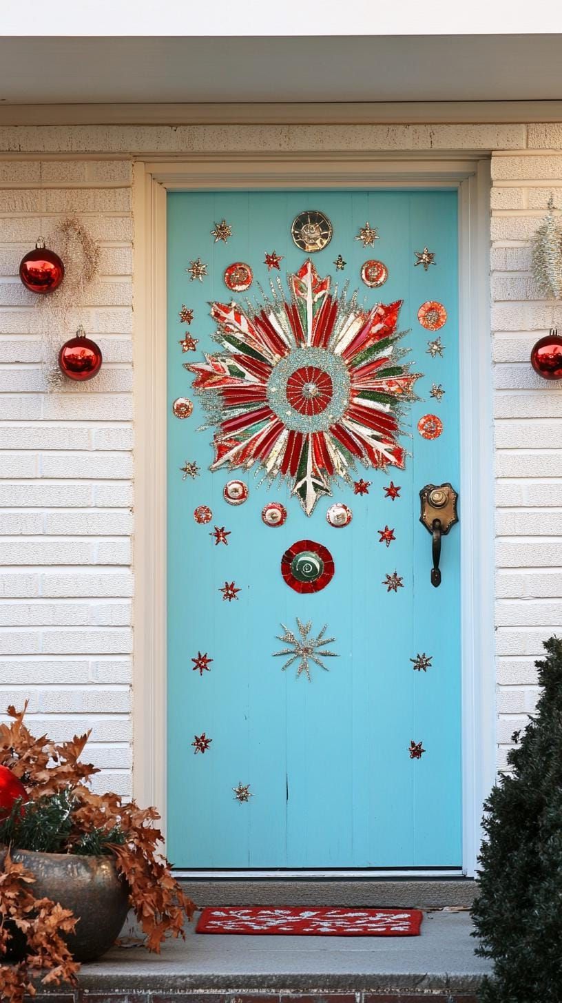 19. Oversized vintage ornament art on aqua door frame
