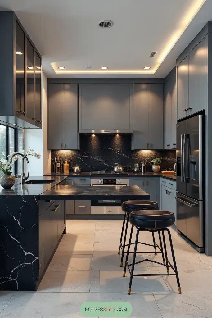 Gray Cabinets with Black Countertops for Contemporary Style