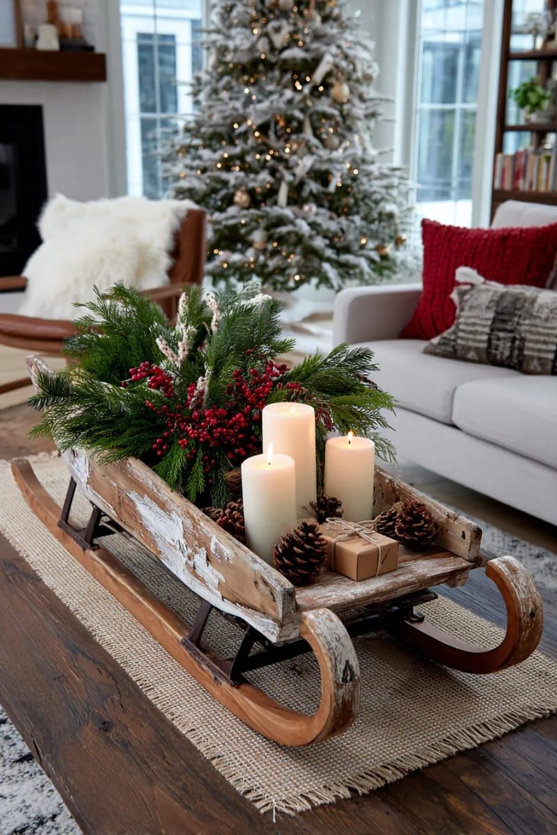 5. Vintage sleigh centerpiece with candles and greenery - photo 2