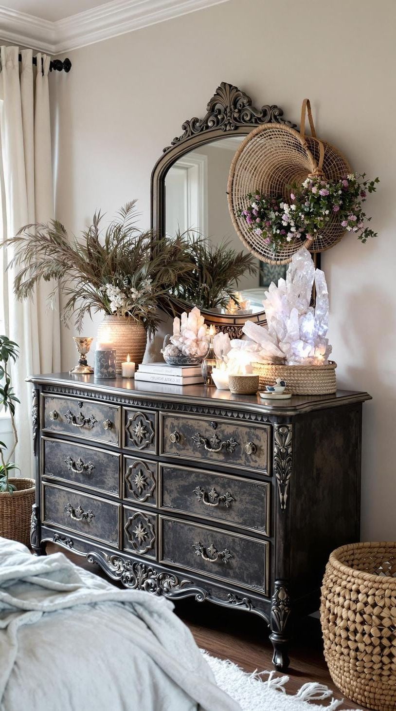 7. Carved Vintage Dresser Topped With Crystals And Baskets