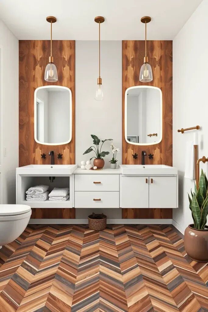 Contemporary Floating Vanities in Wood Tile Bathrooms