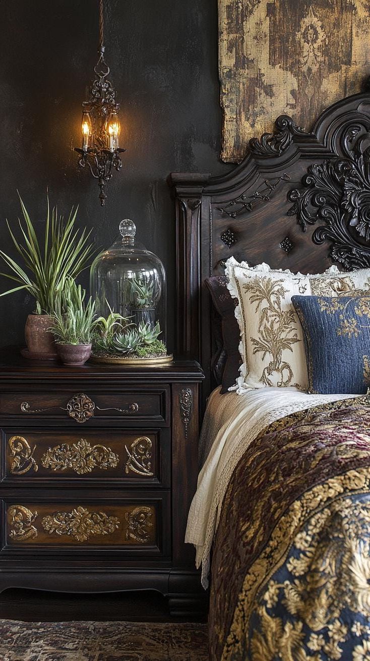 19. Carved Gold-Inlay Nightstands With Terrariums And Vintage Glass - photo 2