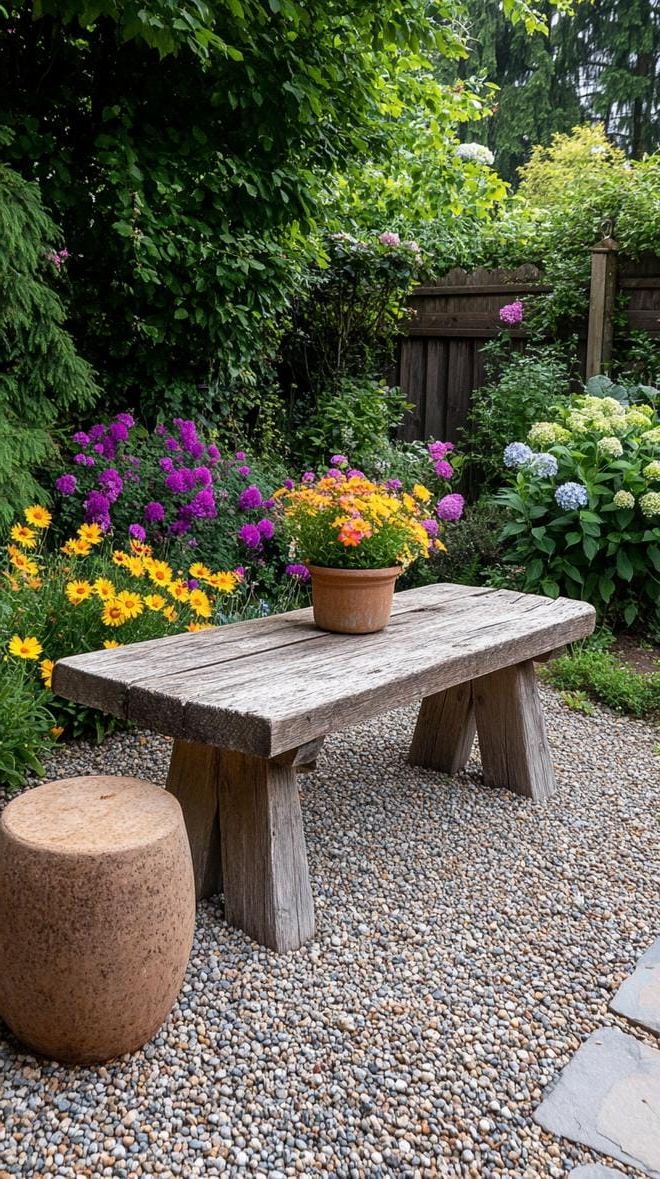 33. Gravel Patio Paired with Wooden Bench Seating