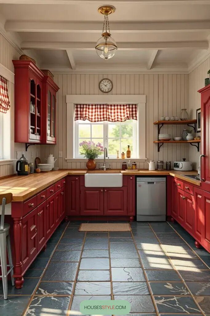 Deep Red Cabinets for Rustic Kitchen Style - photo 2