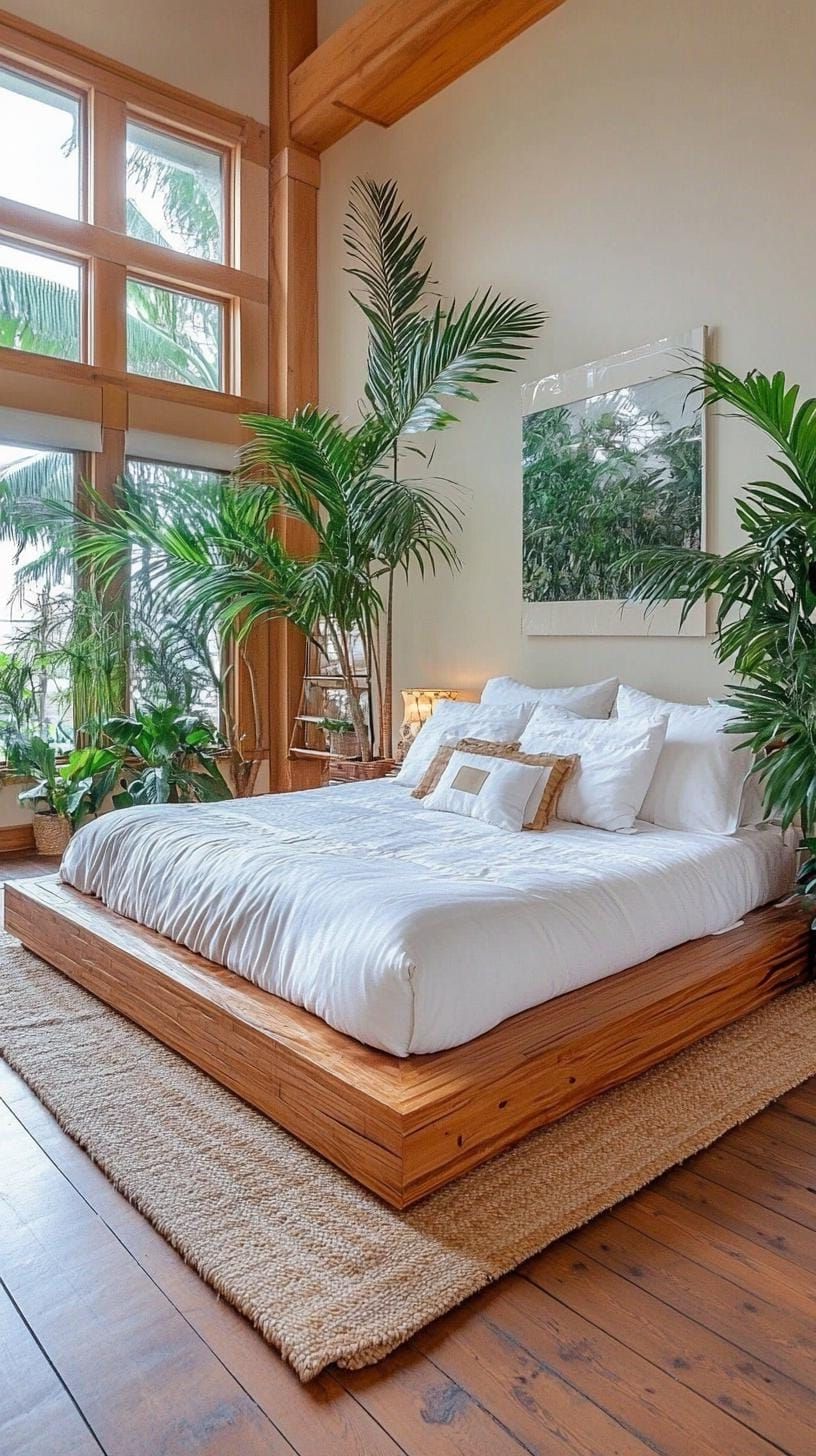 14. Bedside greenery with large leafy plants