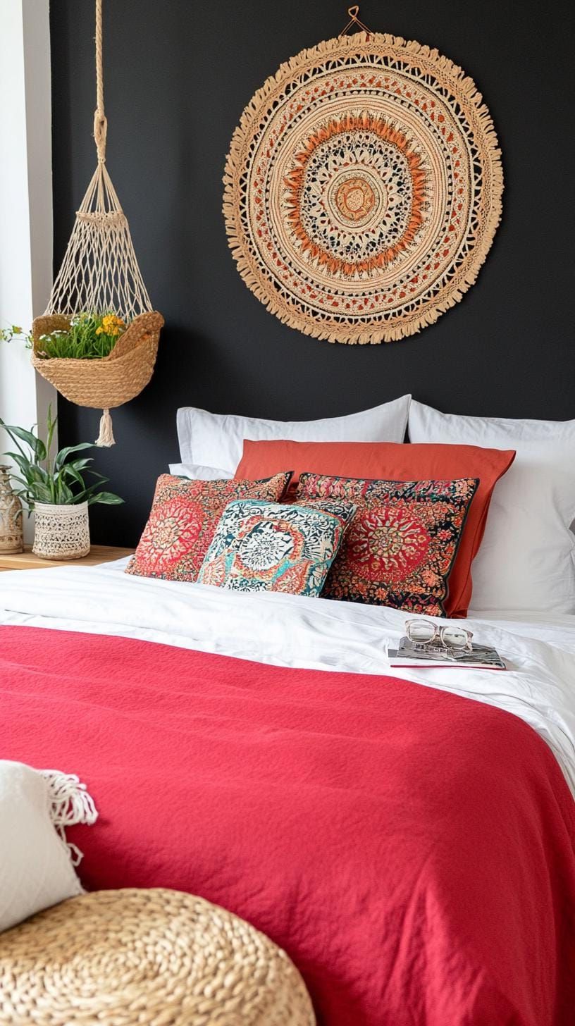 21. Macrame And Mandala Tapestry In A Dark Bedroom