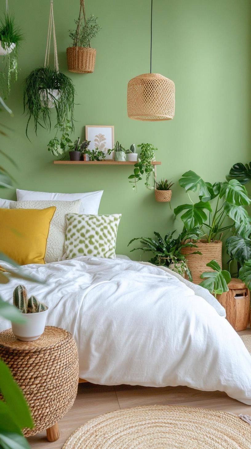 10. Urban Jungle Bedroom with Sage Green Paint and Indoor Plants - photo 2