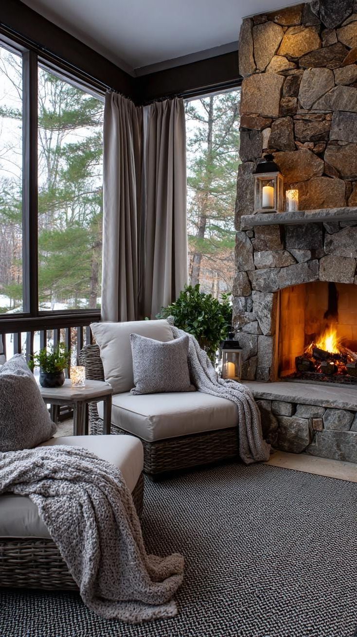 13. A Porch Retreat With Fireplace and Drapes