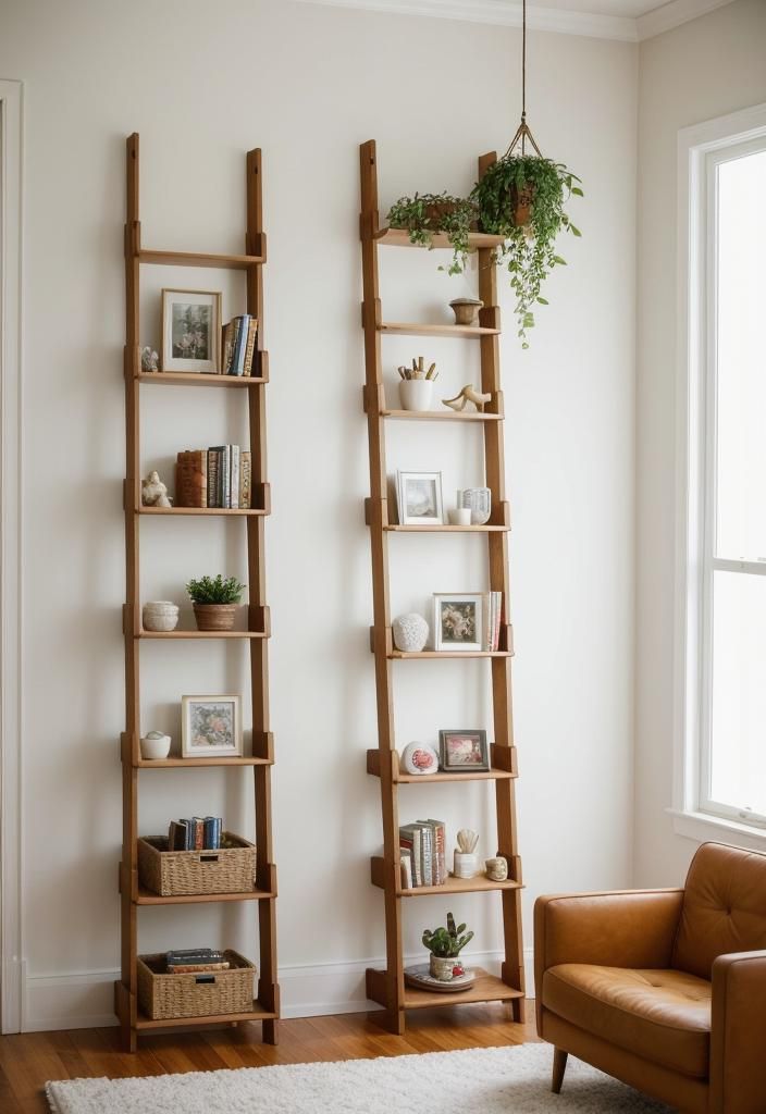 19. Wall Shelves with a Vintage Ladder Look