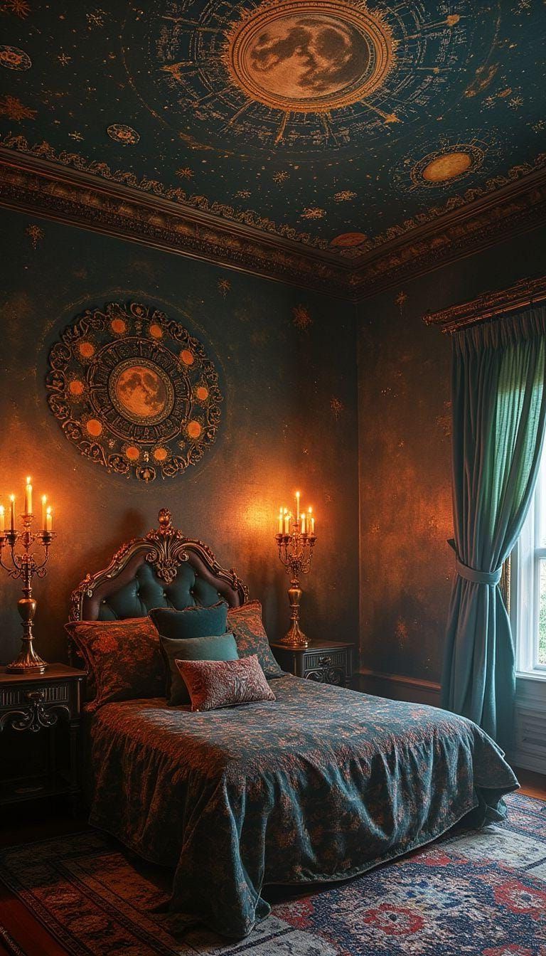 16. Gothic Candelabras Casting Shadows On A Celestial Ceiling Mural