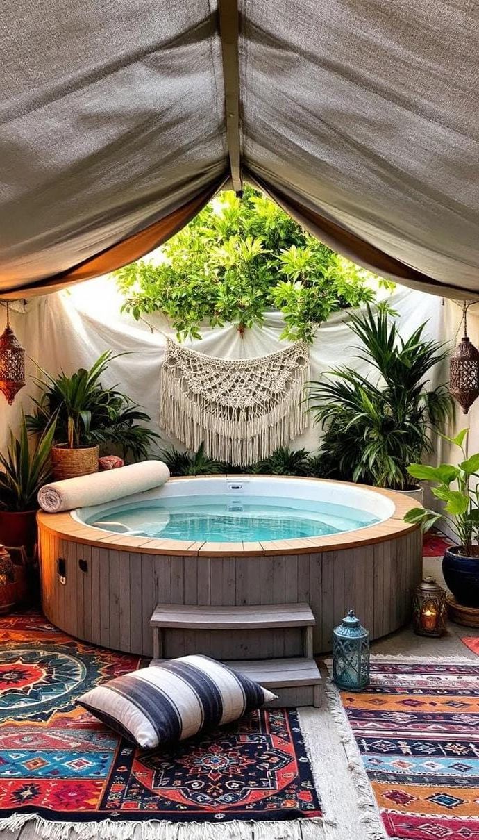 25. Boho hot tub retreat with rugs and lanterns