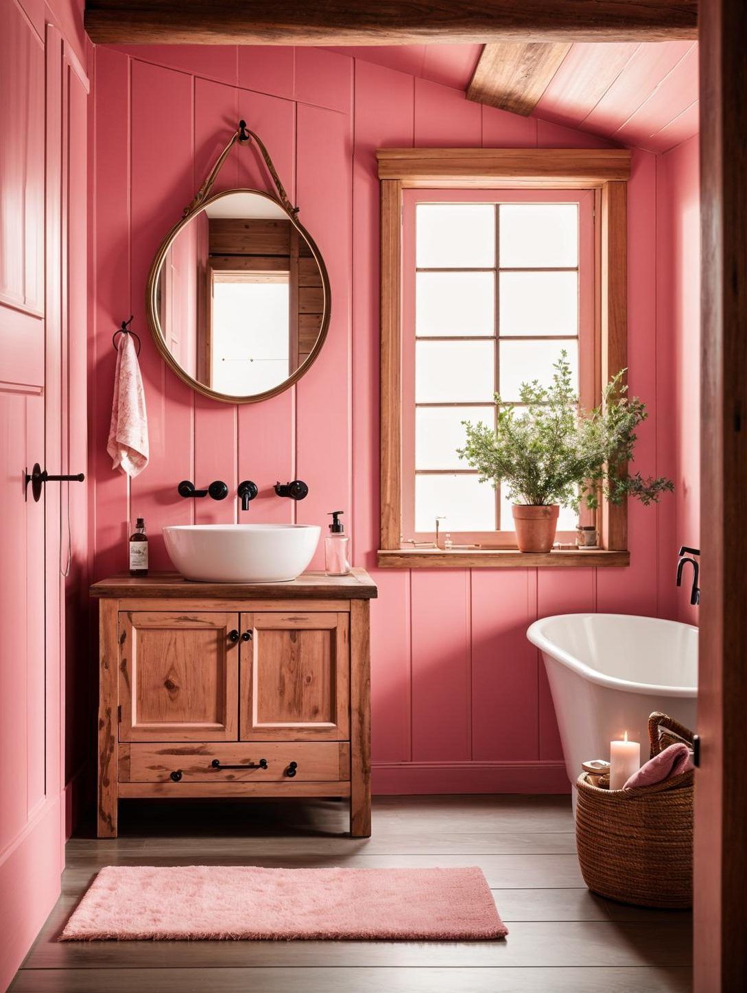 6. Warm Wooden Accents in a Pink Bathroom
