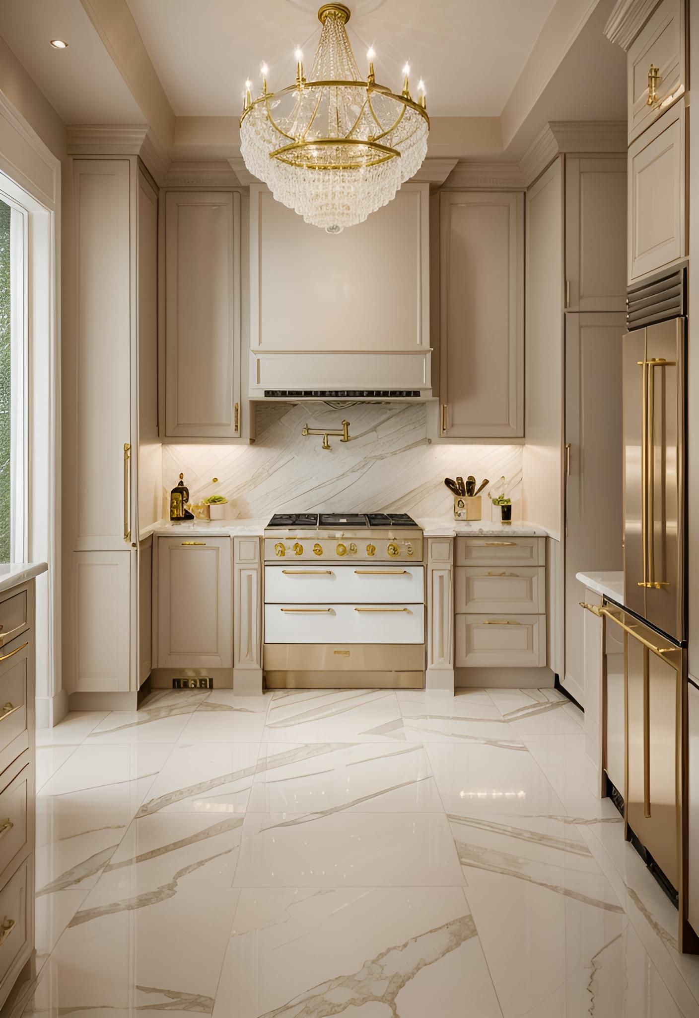 34. Marble and Gold Kitchen Elegance