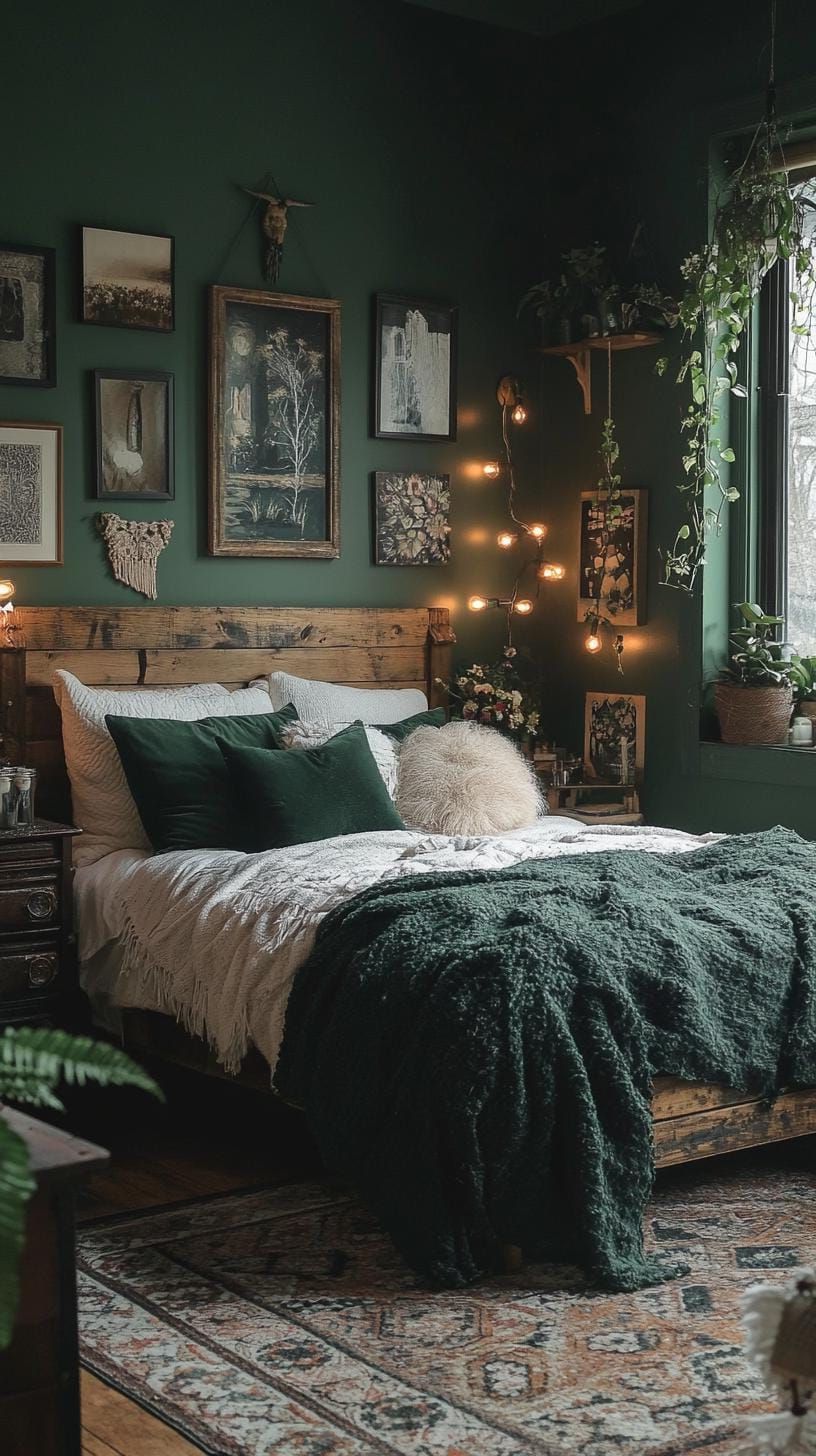 1. Dark Green Walls With Layered Boho Textiles - photo 3
