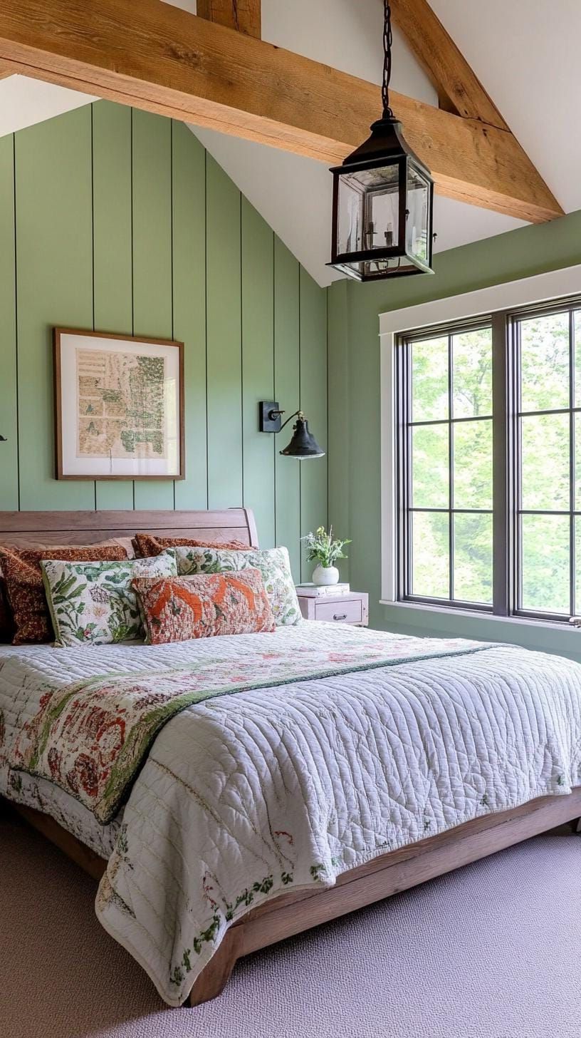 12. Rustic Farmhouse Bedroom with Sage Green Panels and Lantern Lighting - photo 3