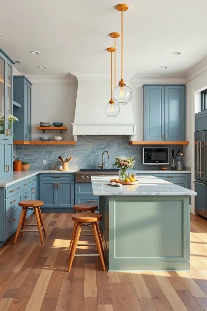 Glass Pendant Lights Over a Sage-Blue Island - photo 2