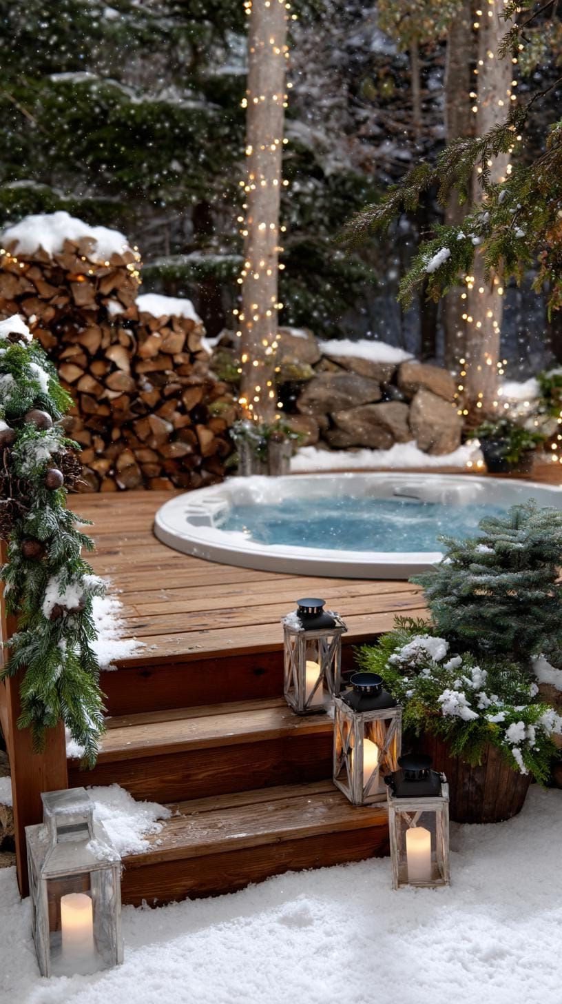 26. Escape to a Winter Wonderland Hot Tub with Snow and Cozy Firewood Decor