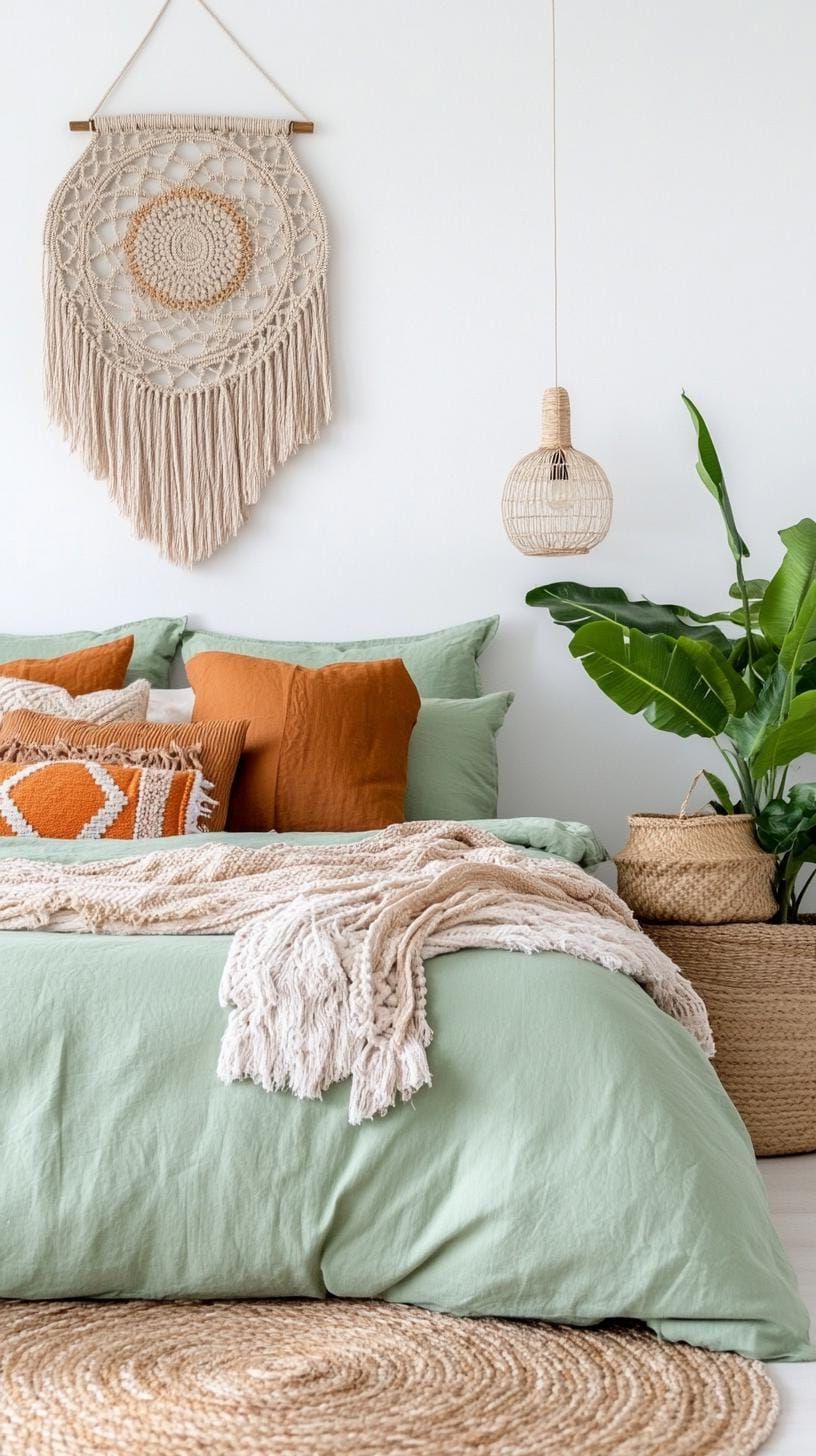 5. Eclectic Bohemian Hideaway with Sage Green Bedding and Macrame
