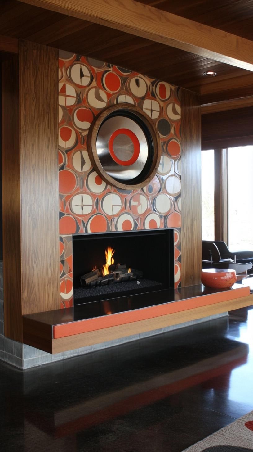 6. Geometric tiled fireplace wall with built-in bench seating - photo 3